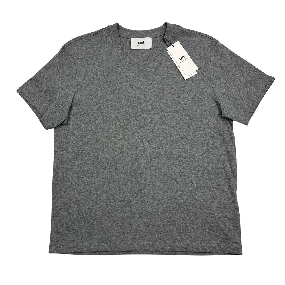 AMI Shirt Mens XS Gray Organic Cotton Heart Logo Crew Neck Tee Casual Top